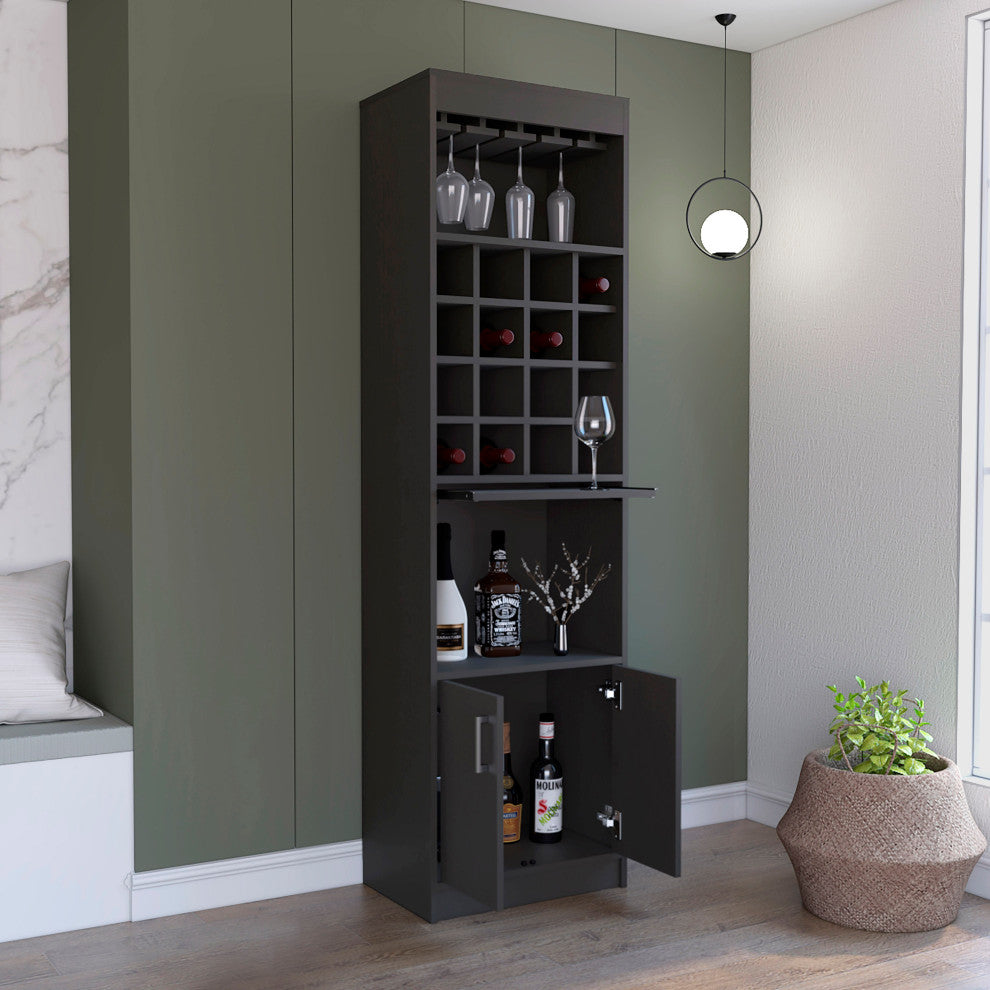 DEPOT E-SHOP Athens Bar Cabinet,16 Wine Cubbies,2 Open Shelves,Glass Rack, Black