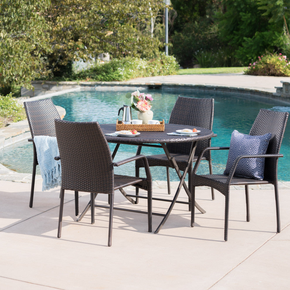 GDF Studio 5-Piece Knightley Outdoor Multi-Brown Wicker Dining Set