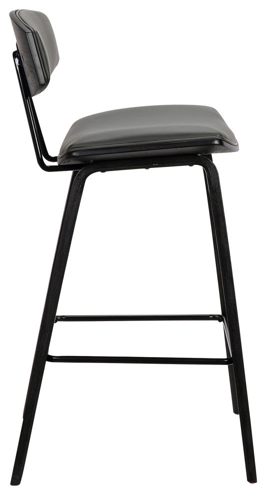 Fox 30" Mid-Century Bar Height Barstool in Grey Faux Leather with Black Brushed