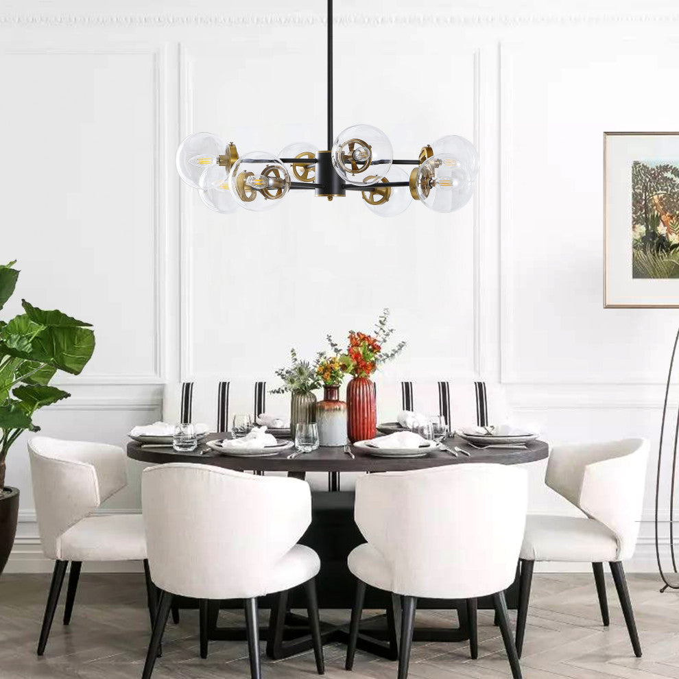 Modern 8-Light Sputnik Chandelier With Glass Globe Shades, Black, Clear Glass