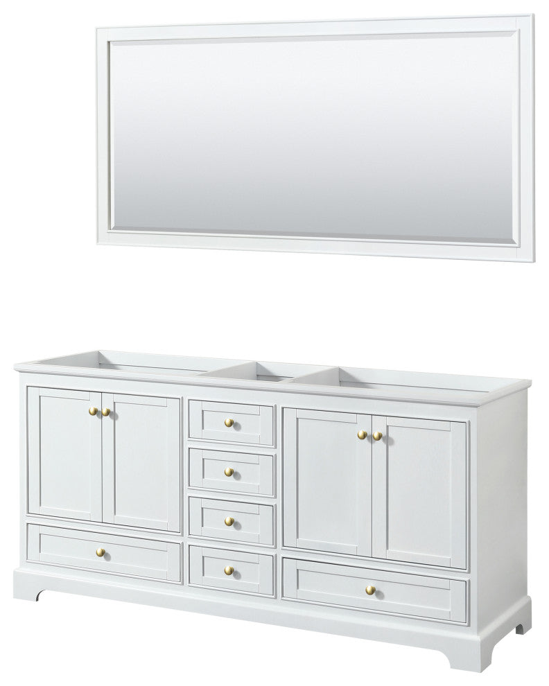 72" Double Bath Vanity, White, No Countertop, Gold Trim, 70" Mirror