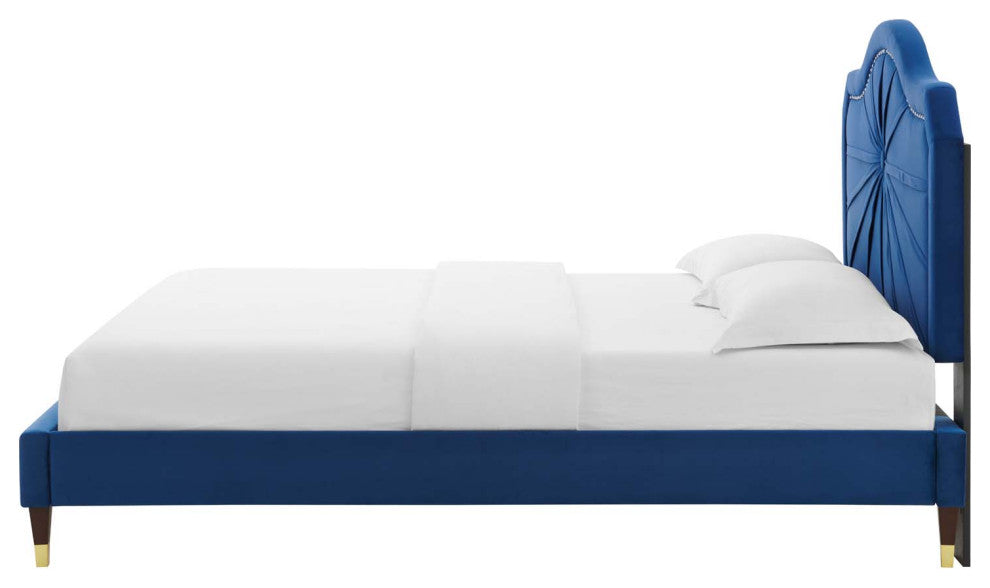 Platform Bed Frame, Queen Size, Velvet, Blue Navy, Modern Contemporary, Bedroom