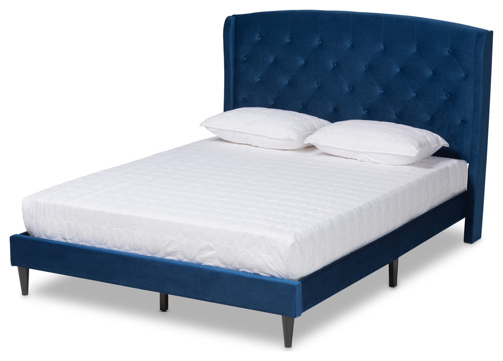 Neda Modern Upholstered Platform Bed, Navy Blue/Dark Brown, Queen