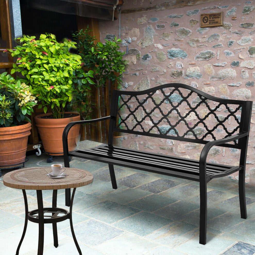Costway 50'' Patio Garden Bench Loveseats Yard Furniture Cast Iron Frame Black