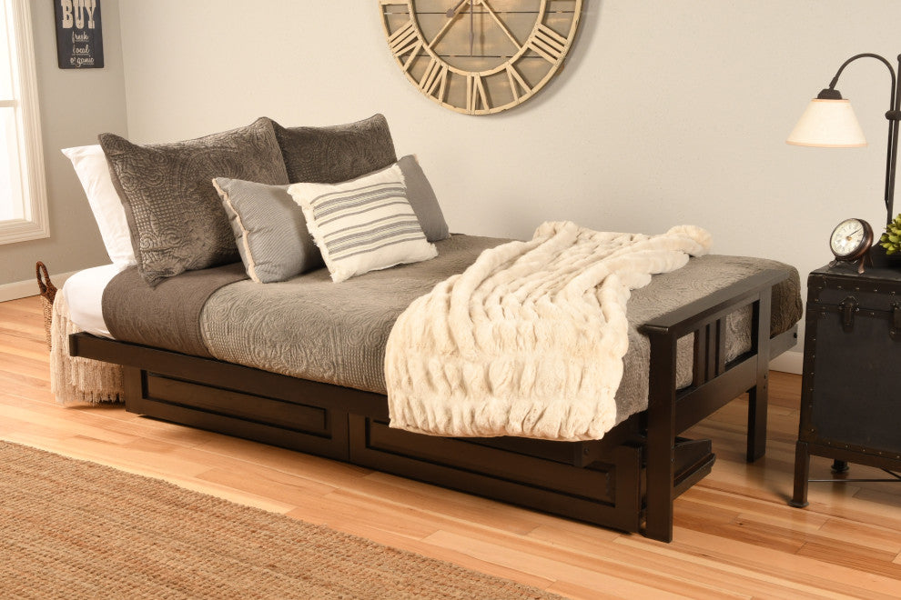 Caleb Frame Futon With Espresso Finish, Storage Drawers, Suede Tan