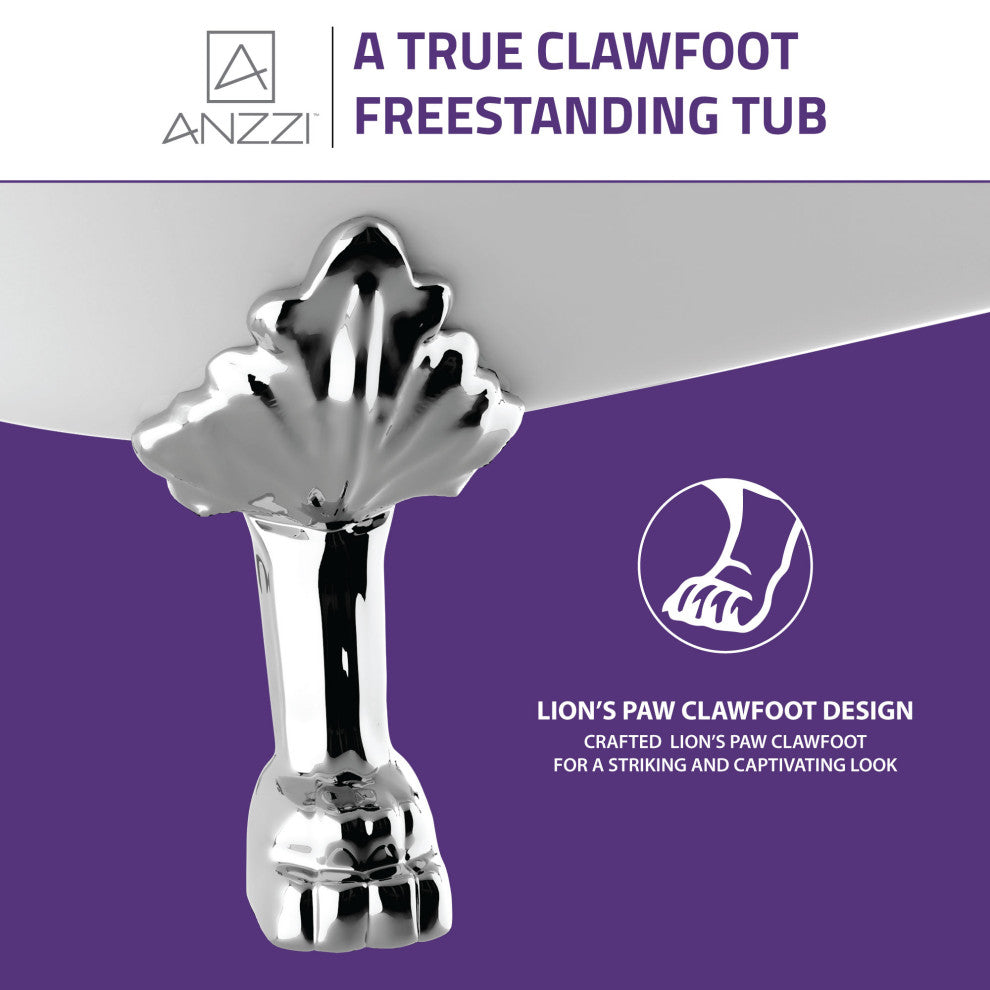 ANZZI Diamante 67.32" White Acrylic Slipper Claw Foot Tub, Lion's Paw Feet