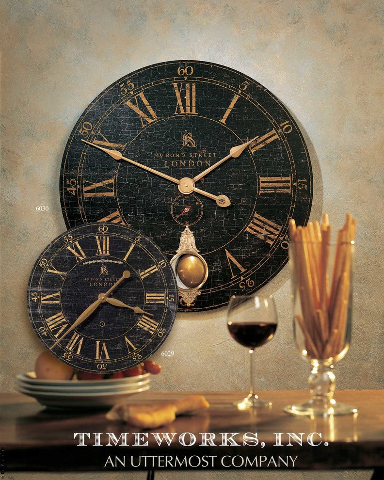 18" London Round Brass Pendulum Wall Clock, Black Crackled Face Old World