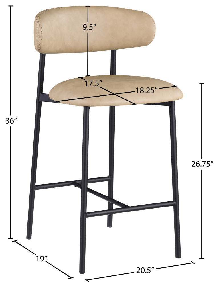 Lupita Upholstered Counter Stool, Tan, Vegan Leather, Matte Black, Set of 2
