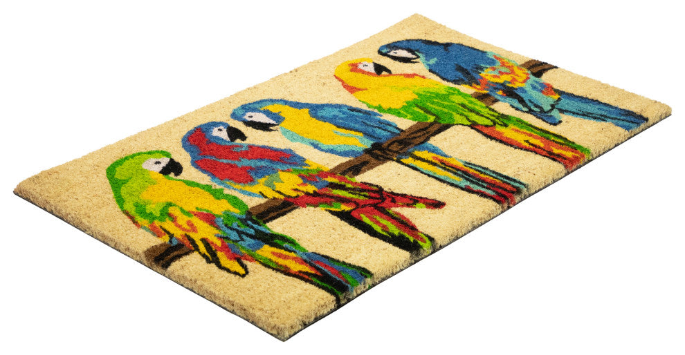 Toffee and Multicolor Parrots Coir Outdoor Doormat 18" x 30"