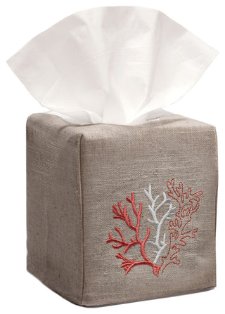 Natural Linen Tissue Box Cover, Coral