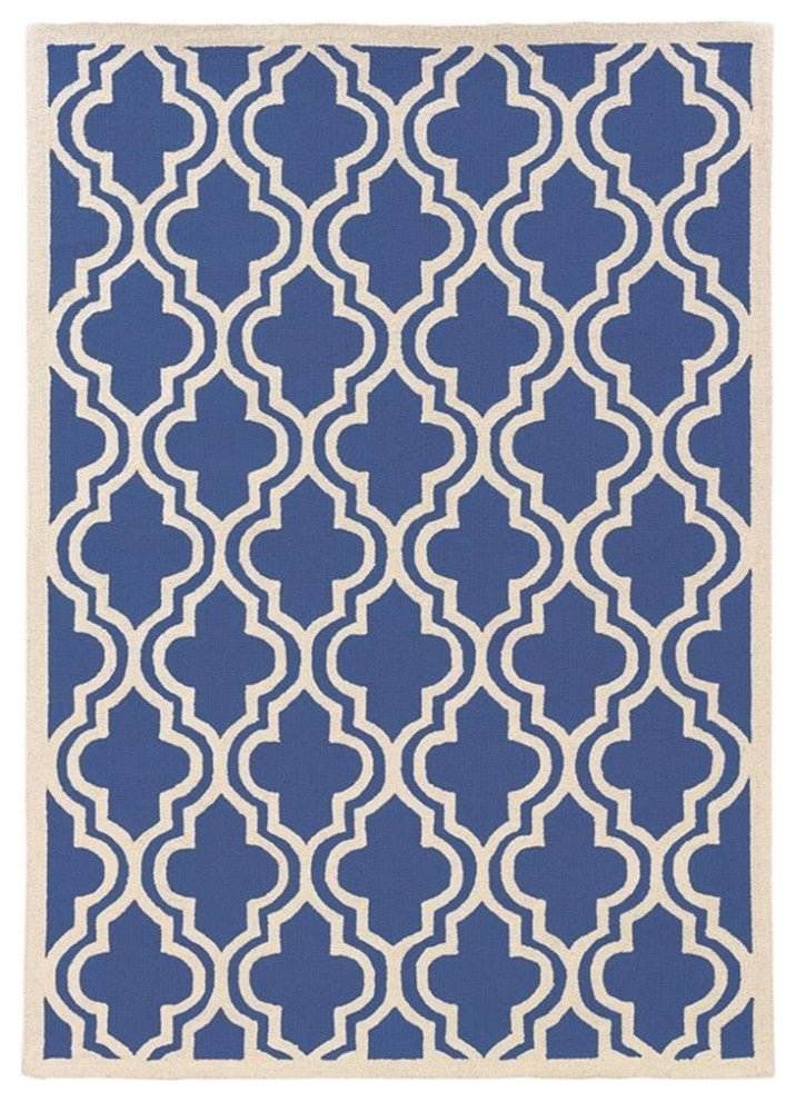Linon Silhouette Quatrefoil Hand Hooked Wool 5'x7' Rug in Navy