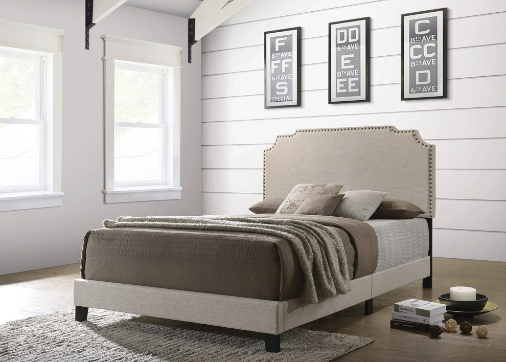 Upholstered Nailhead Queen Bed, Beige