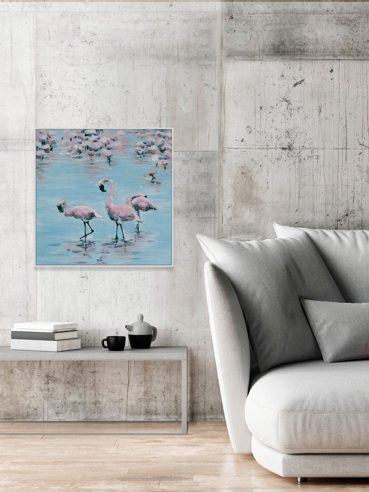 "Three Flamingos" Floater Framed Painting Print on Canvas, 48"x48"