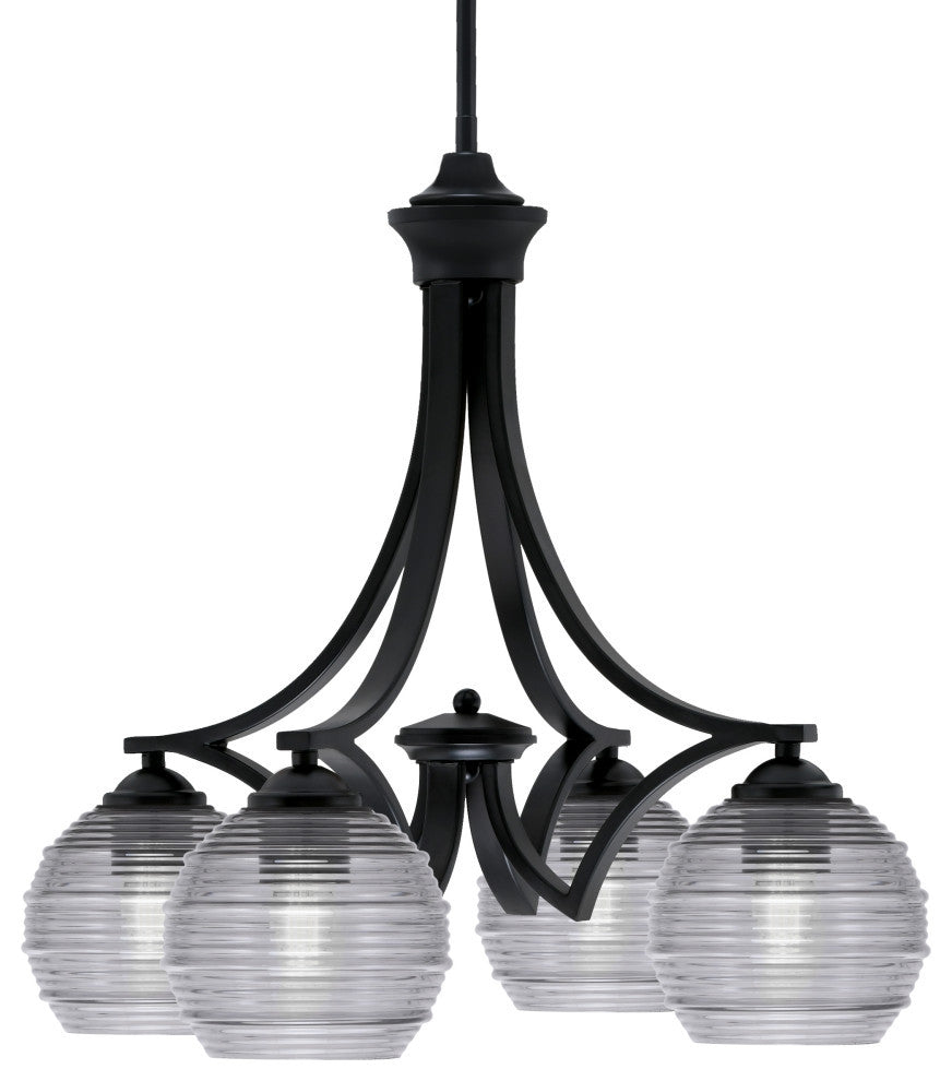 Zilo Downlight, 4 Light, Chandelier, Matte Black Finish, 6" Smoke Ribbed Glass