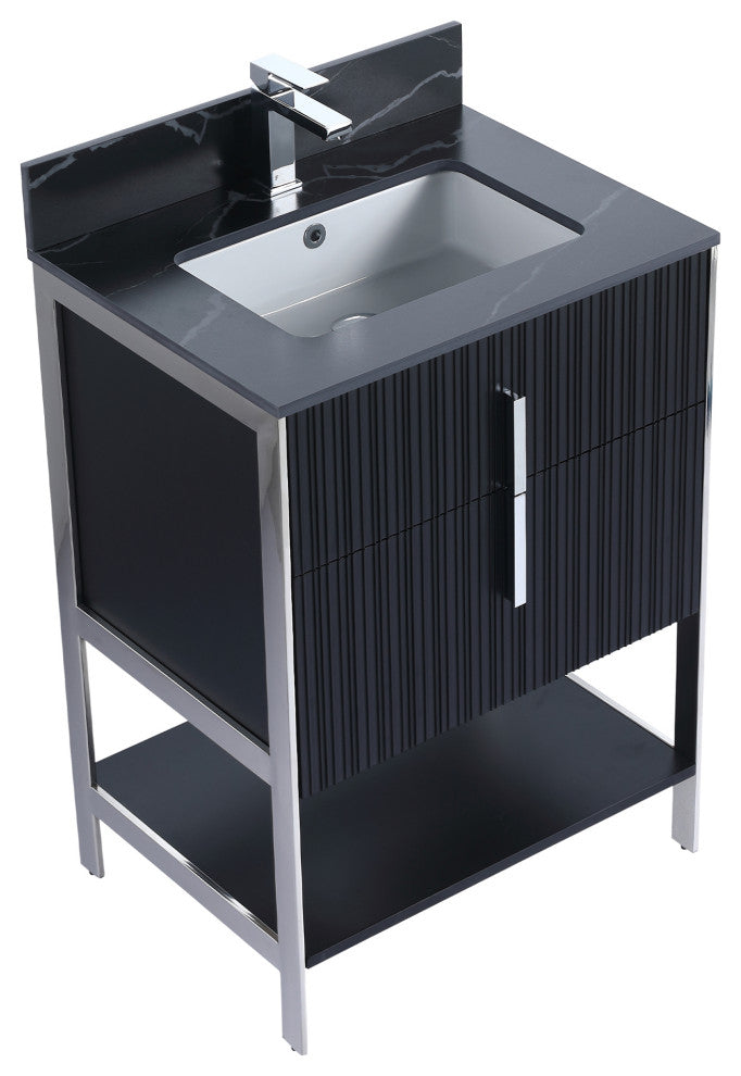 Serenity Bath Vanity, Black Matte, Chrome, Black Marble Stone Top, 1-Hole