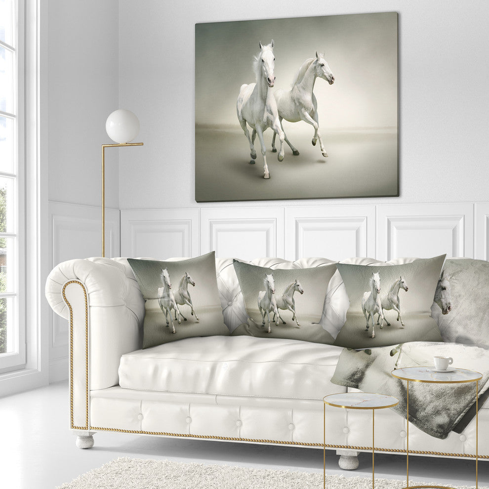 Fast Moving White Horses Animal Throw Pillow, 18"x18"