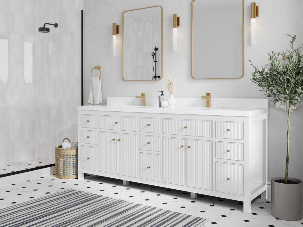 Sonoma 84 Double Sink Reeded Bath Vanity in White 2" Carrara Marble