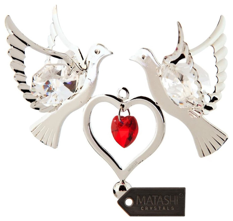 Silver Plated Red Crystal Studded Love Doves Hanging Ornament With Double Heart