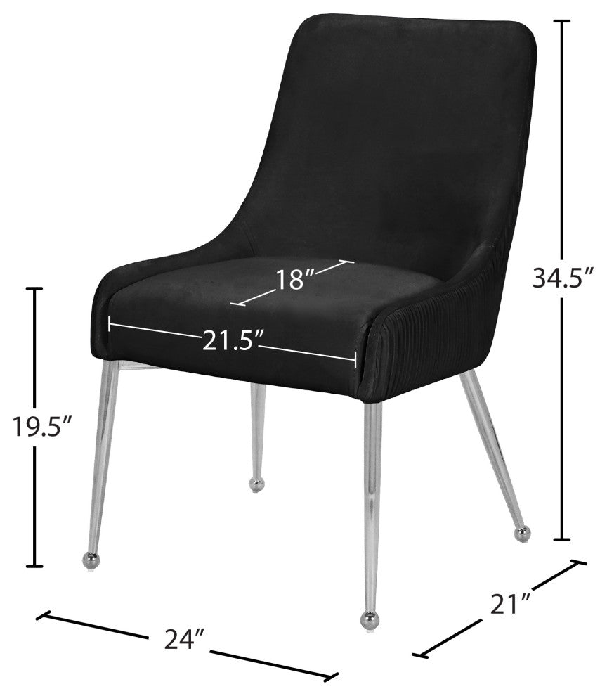 The Ace Dining Chair, Black and Chrome, Pleated Velvet, Set of 2