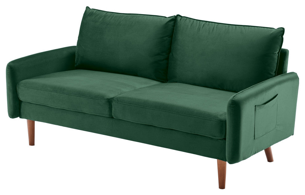 Green Contemporary Velvet Sofa With Side Pockets