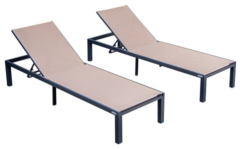 LeisureMod Marlin Patio Chaise Lounge Chair Black Frame Set of 2, Light Brown