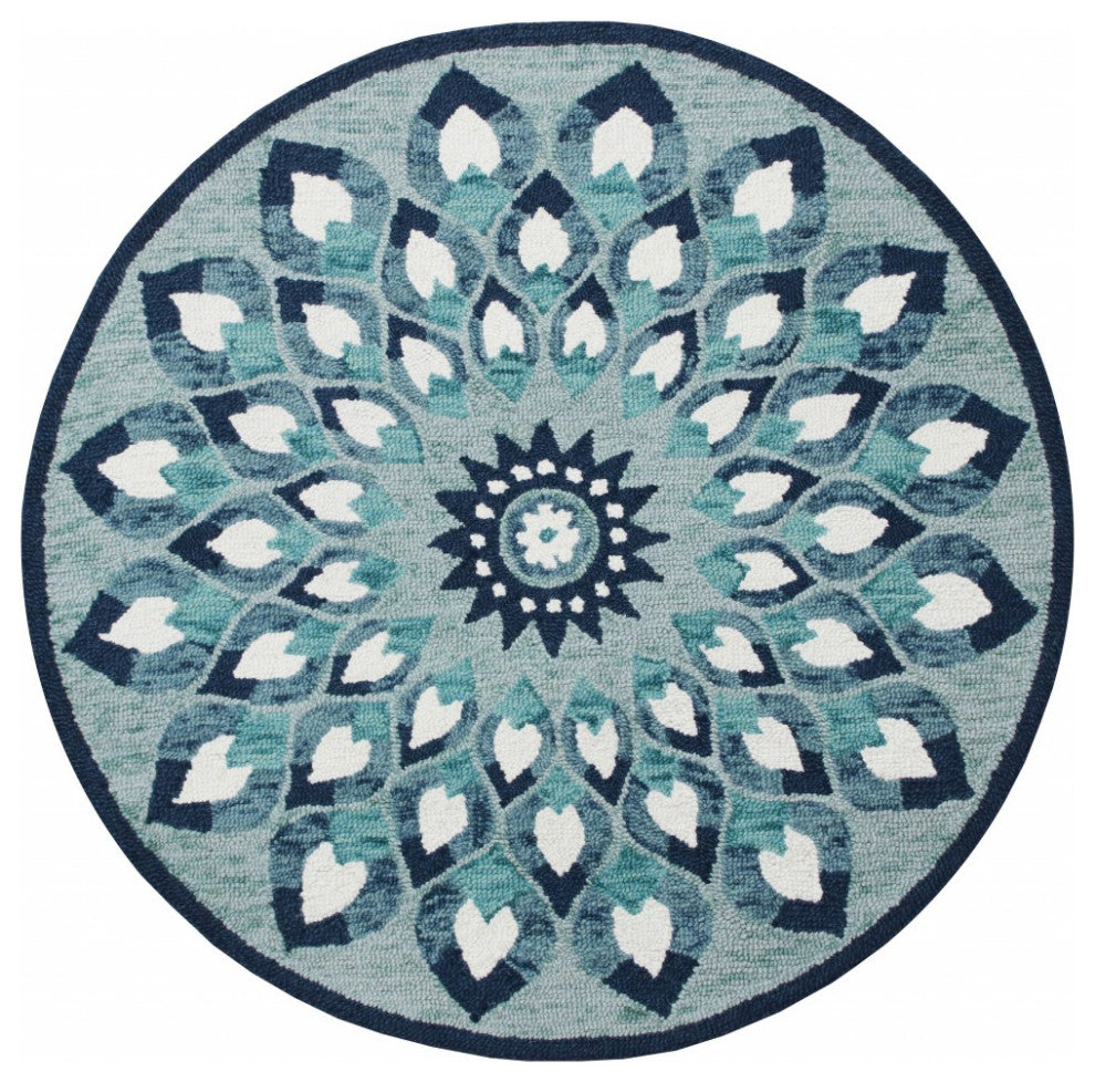 6' Blue And White Round Wool Hand Tufted Area Rug