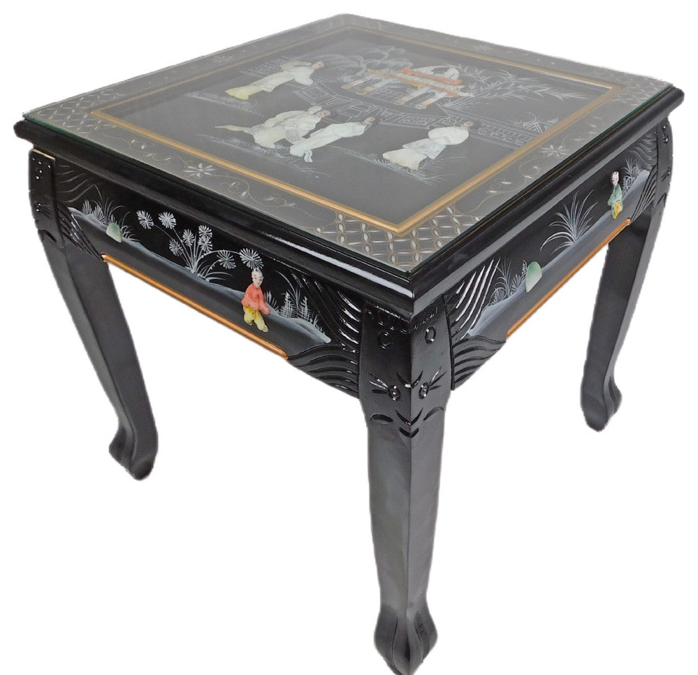 Dragon Leg Oriental End Table Inlaid Pearl, Black Lacquer