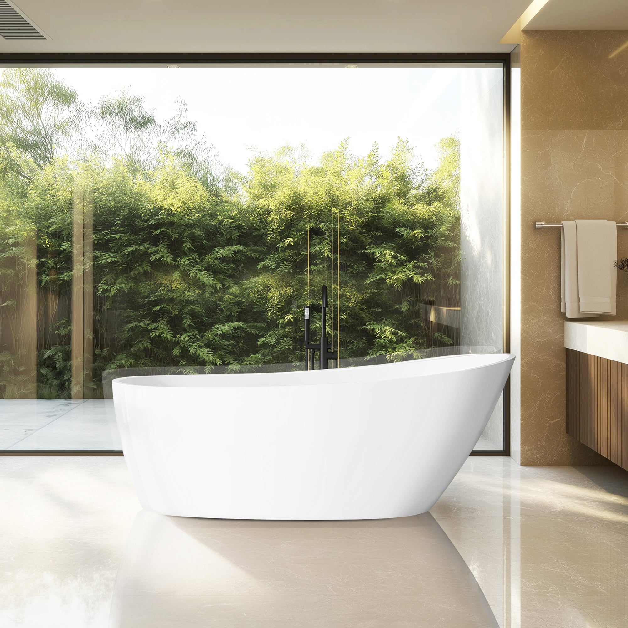 Lahore Freestanding Acrylic Soaking Bathtub, White, 66.9"l X 29.1"w