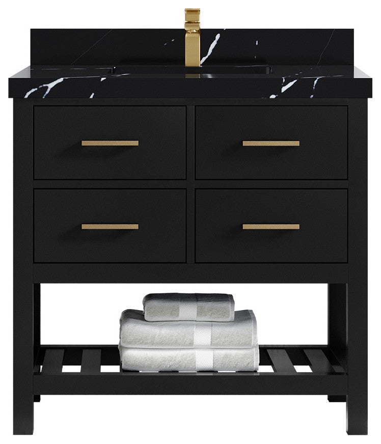 Parker 36" Single Sink Bath Vanity, Black 2" Calacatta Black