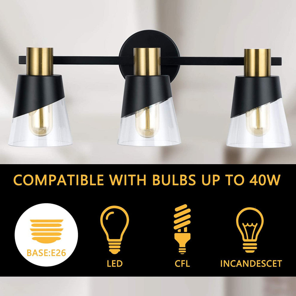 3 Lights Vanity Wall Lightfixture Black and Gold Glass Wall Lighting