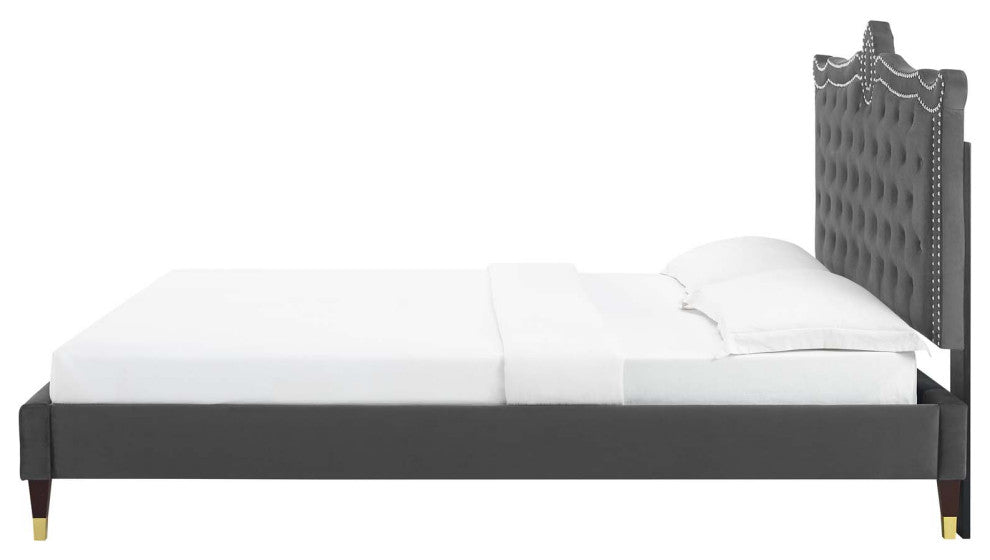 Platform Bed Frame, Nailhead, Queen Size, Charcoal Gray, Velvet, Modern