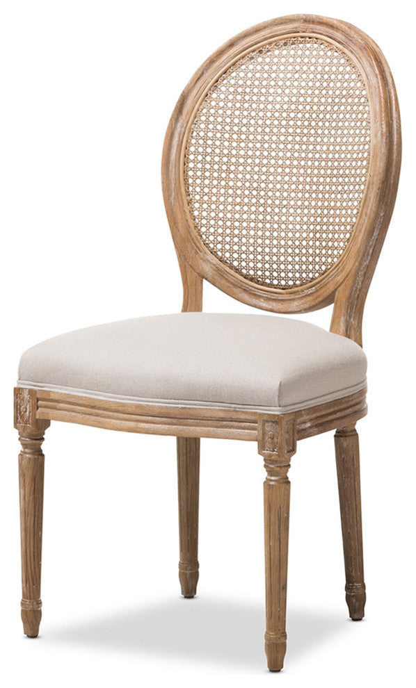Adelia Oak Finish Wood and Beige Fabric Dining Chair With Round Cane Back