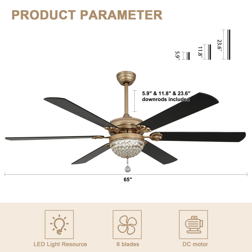 65" Modern Crystal Ceiling Fan with Dimmable LED Light and Remote, Black
