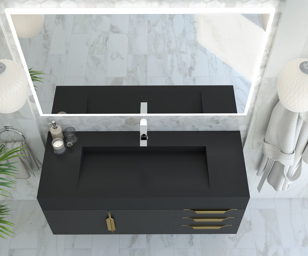 CastelloUSA Nile 48" Wall Mounted Vanity Set, Black, Black Top, Gold Handles