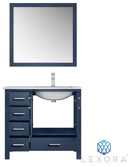 Jacques 36" Vanity, Wht Carrara Marble Top w/ 34" Mirror, Navy Blue, Right