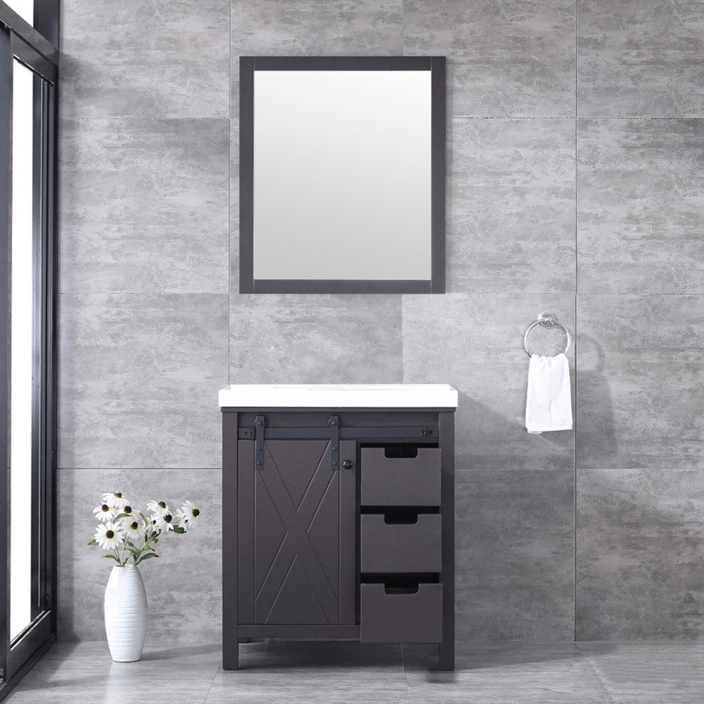 Marsyas 30" Brown Single Vanity Cabinet Quartz Top Square Sink, 28" Wall Mirror