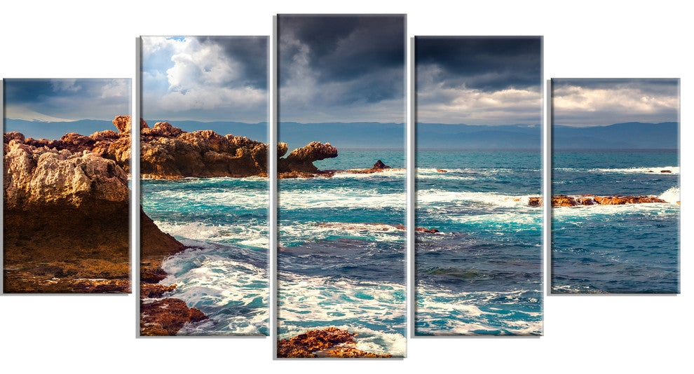 Volcanic Beach Stormy Weather, Large Seashore Canvas Print, 60"x32", 5 Panels