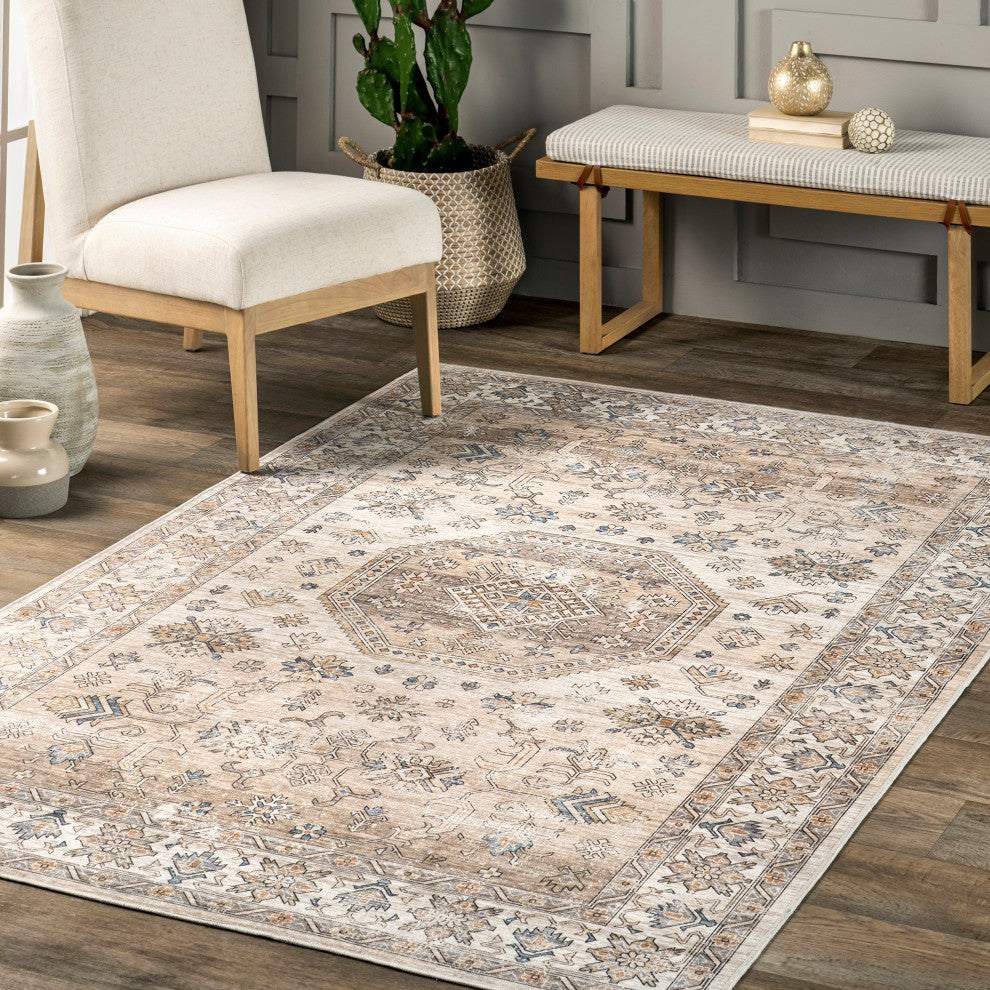 Nuloom Machine Washable Darby Persian Stain Repellent Area Rug, Beige 5'x8'