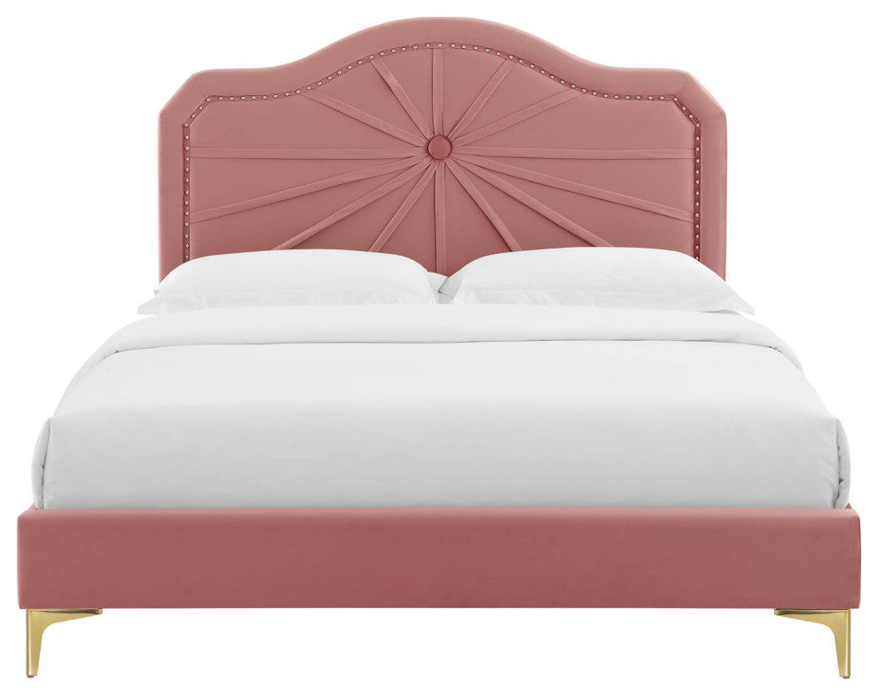 Platform Bed Frame, Twin Size, Velvet, Pink, Modern Contemporary, Bedroom Master