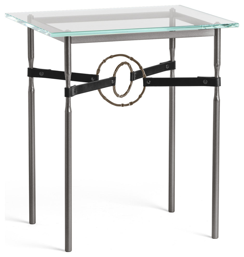 Equus Side Table, Dark Smoke Finish, Bronze Accents, Black Leather Strap