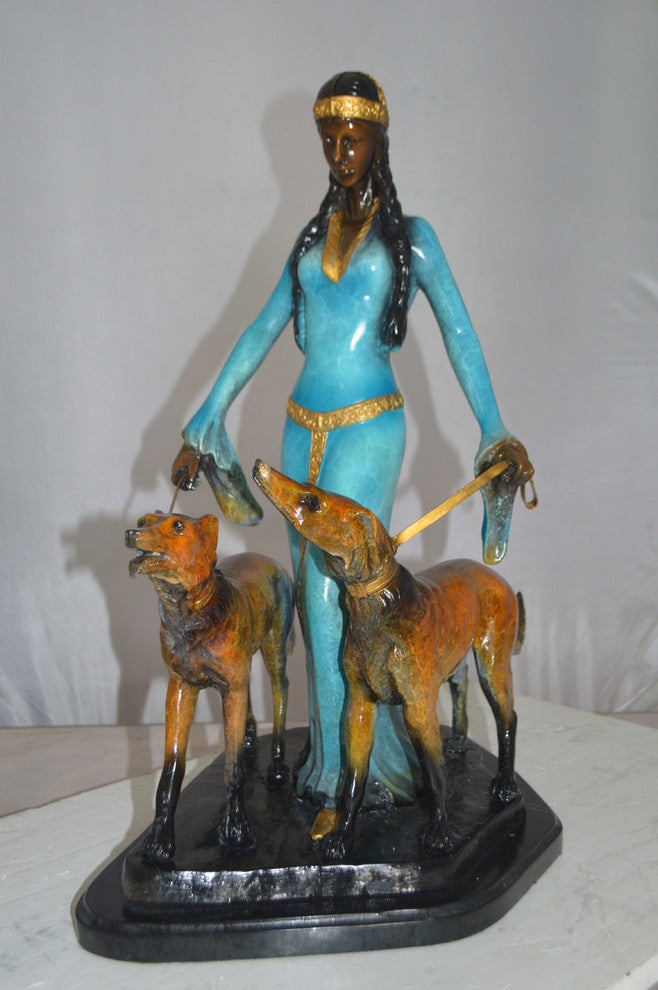 Lady with Her Two Dogs Bronze Statue -  Size: 18"L x 12"W x 23"H.