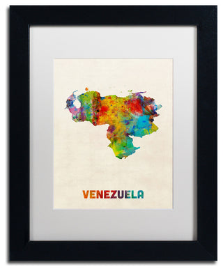 'Venezuela Watercolor Map' Matted Framed Canvas Art by Michael Tompsett