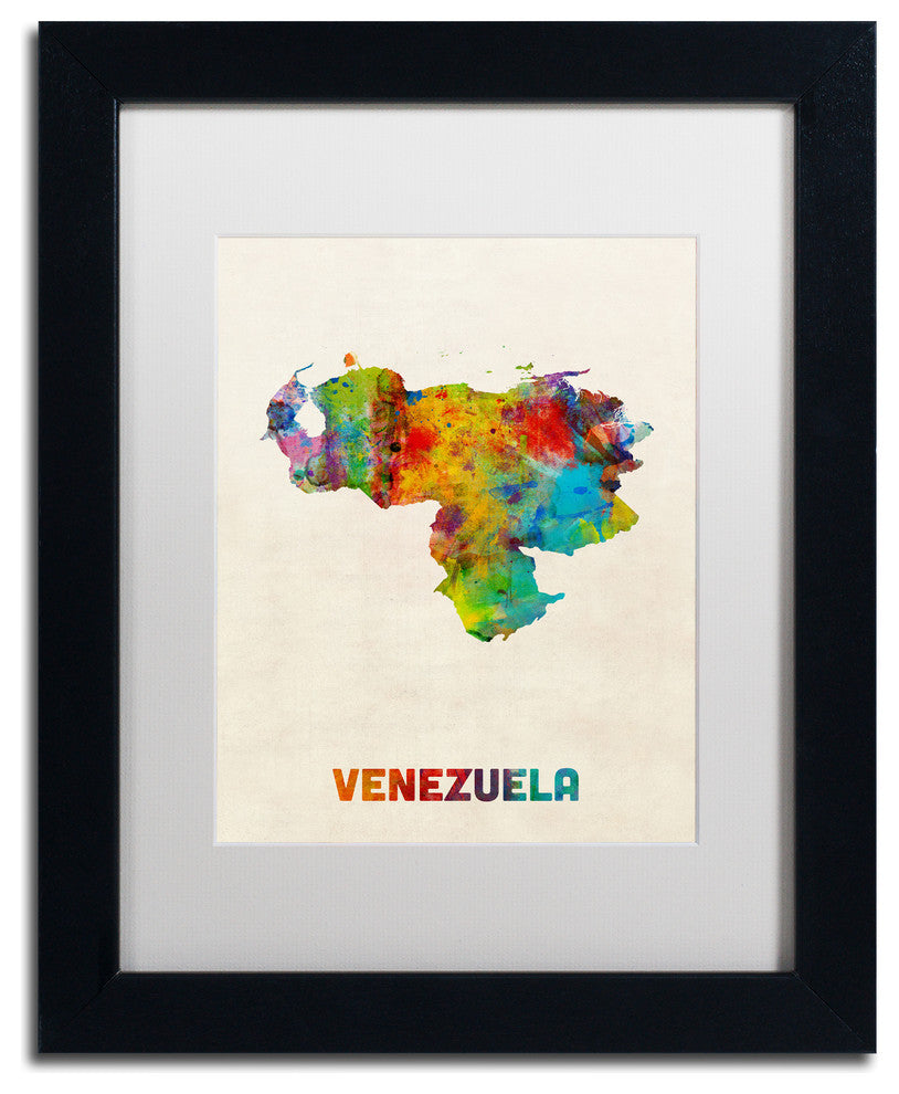 'Venezuela Watercolor Map' Matted Framed Canvas Art by Michael Tompsett