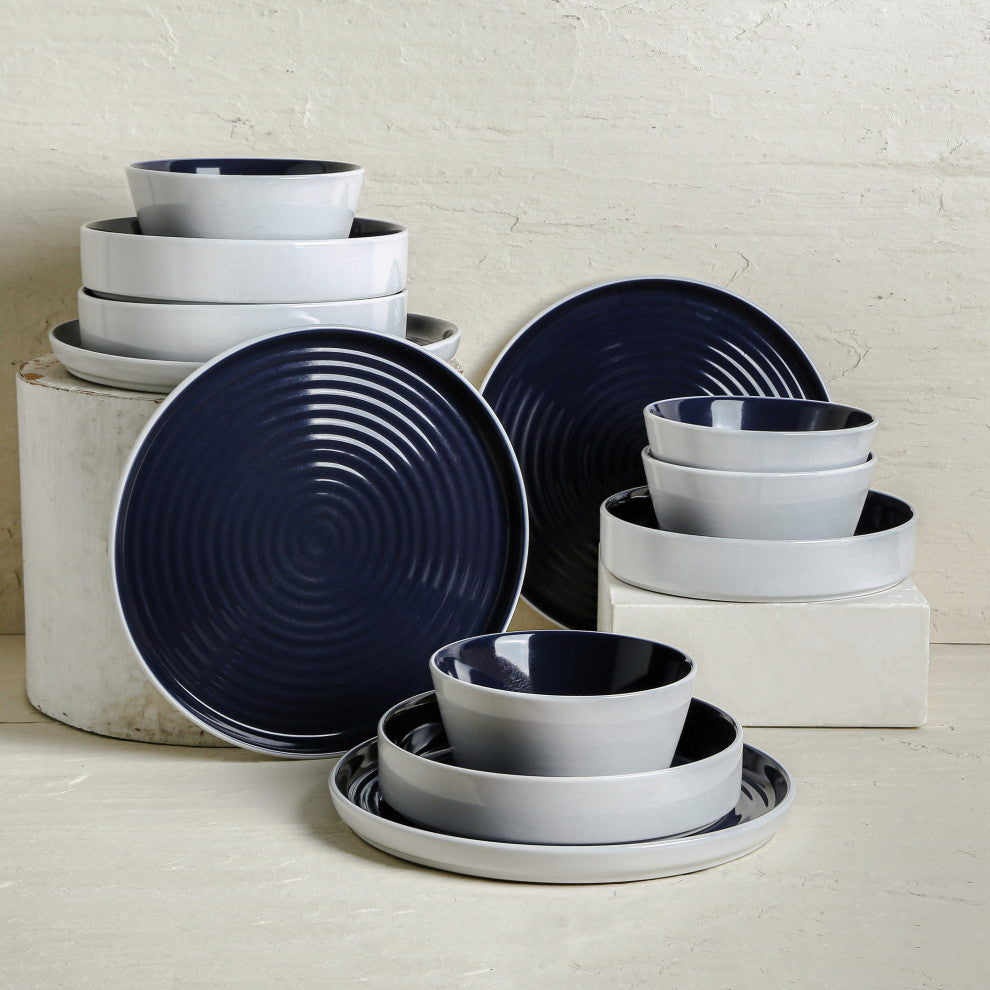 Stone Lain Elica Stoneware 24 Piece Dinnerware Set, Navy and White