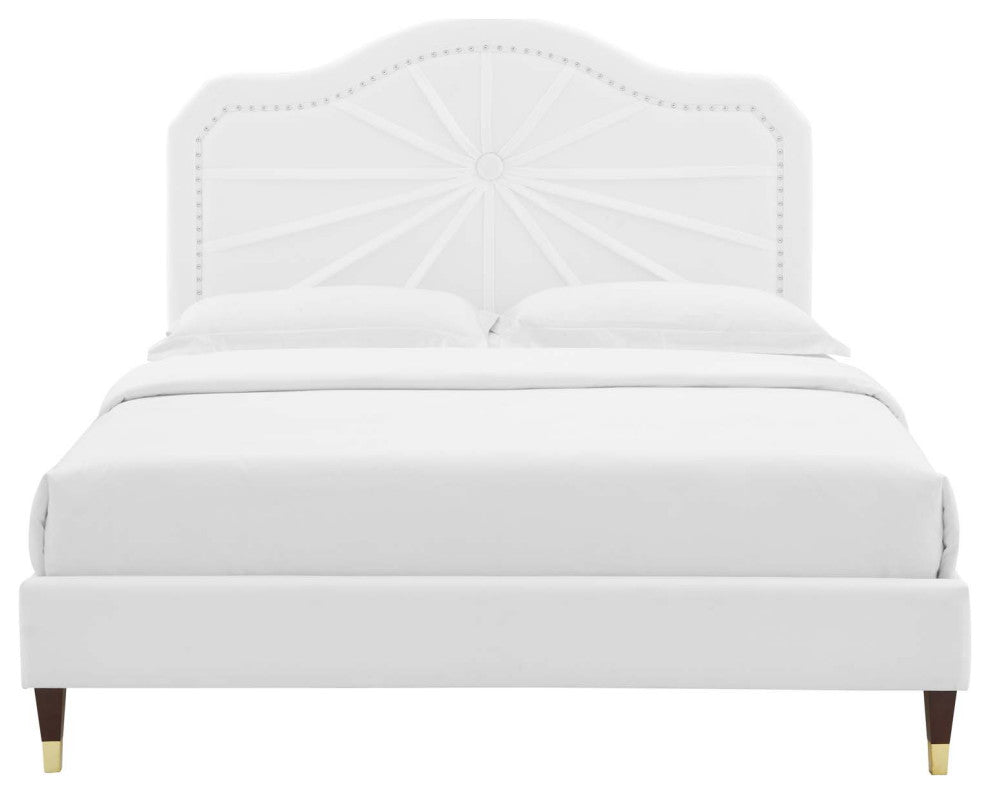 Platform Bed Frame, King Size, Velvet, White, Modern Contemporary, Bedroom