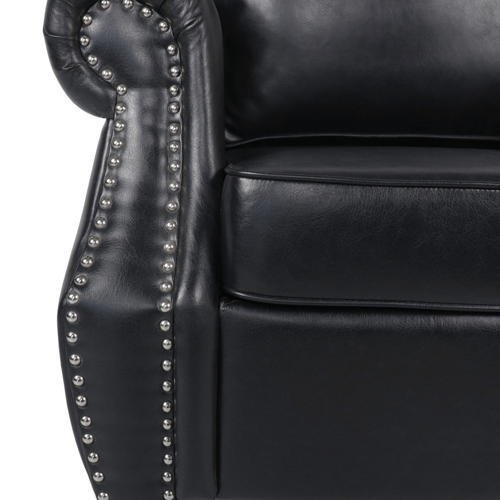 Burkehaven Contemporary Faux Leather Club Chair With Nailhead Trim, Midnight Black/Dark Brown
