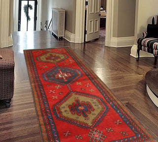 Fine Vintage Distressed Radeliff Red/Blue Runner, 3'1x9'5