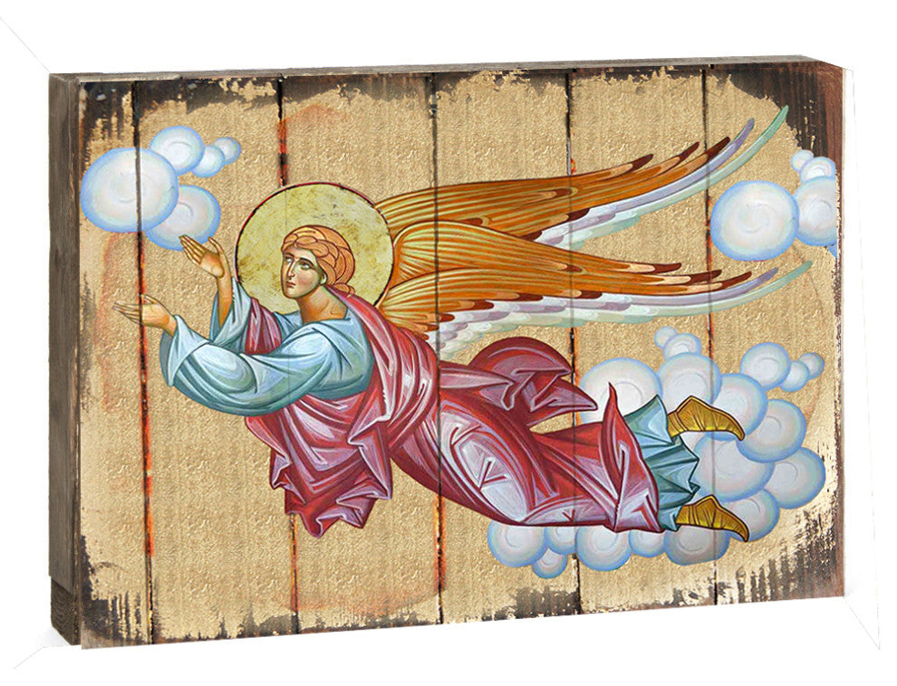 Icon Flying Angel Wall Art On Wood, 16 Inch