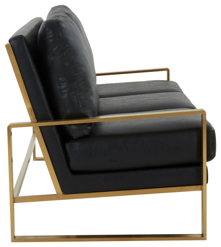 LeisureMod Jefferson Modern Design Faux Leather Sofa With Gold Frame, Black
