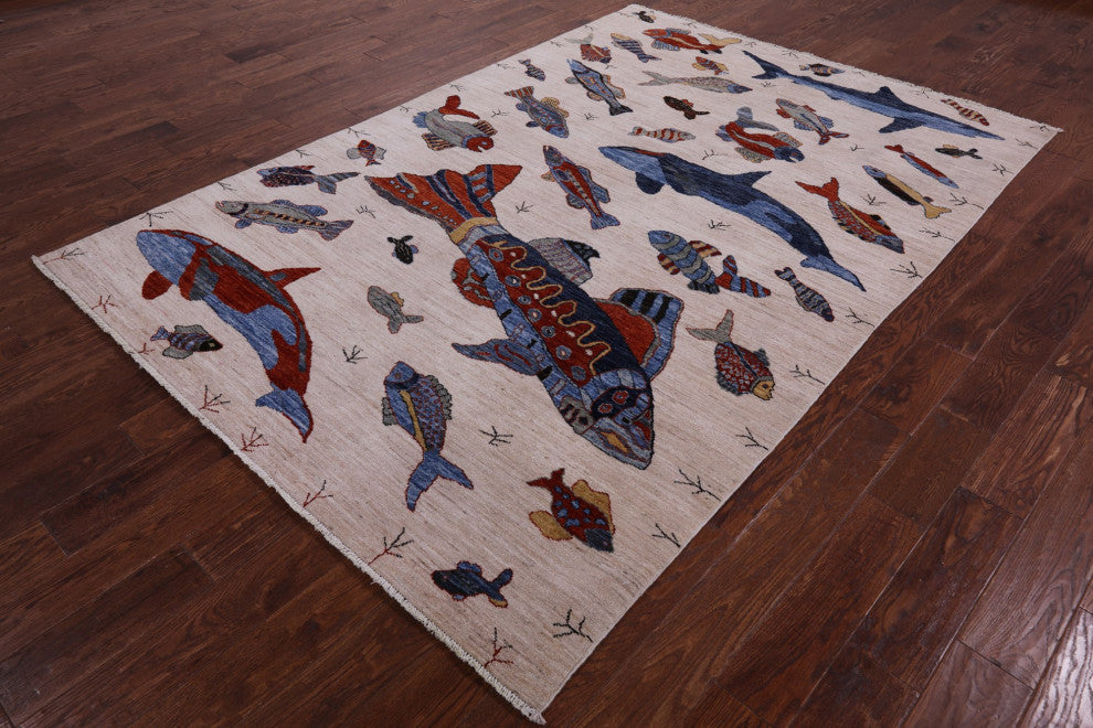 6' 0" X 8' 10" Gabbeh Fish Design Handmade Wool Rug Q10398